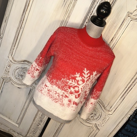 Red and White Snowflakes Eyelash Yarn High Crewneck Super Soft Pullover Sweater - Picture 3 of 11